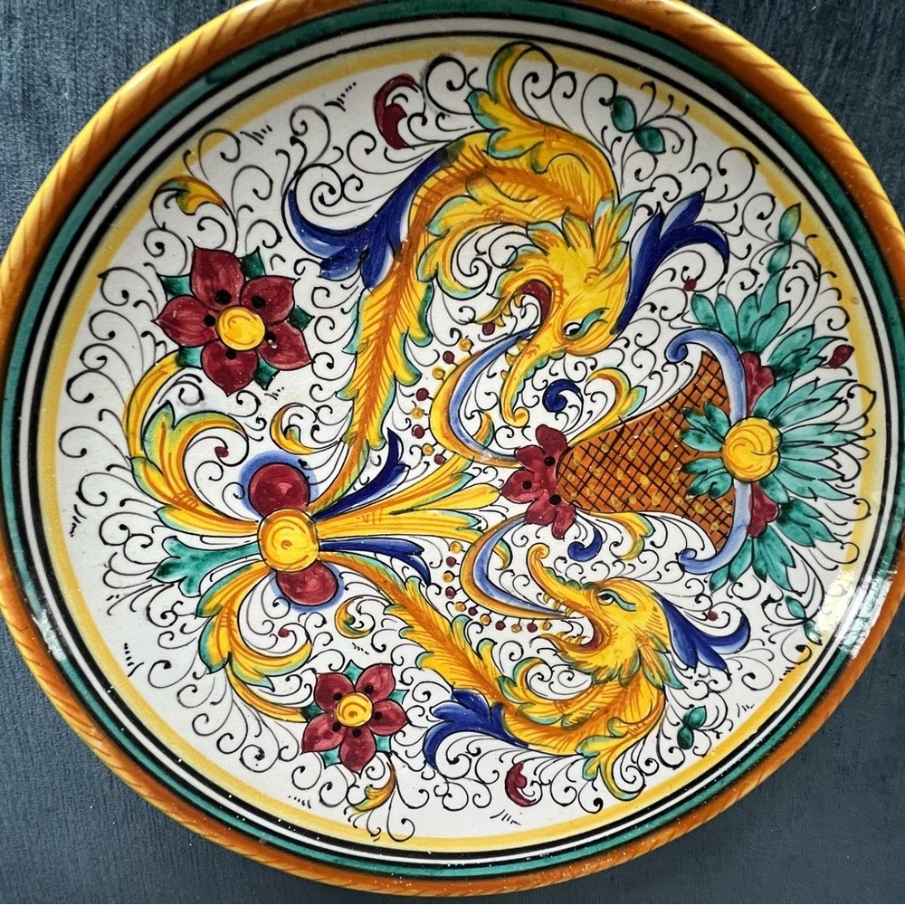 Yellow and Red Ceramic Art Wall Plate with Majolica Design
